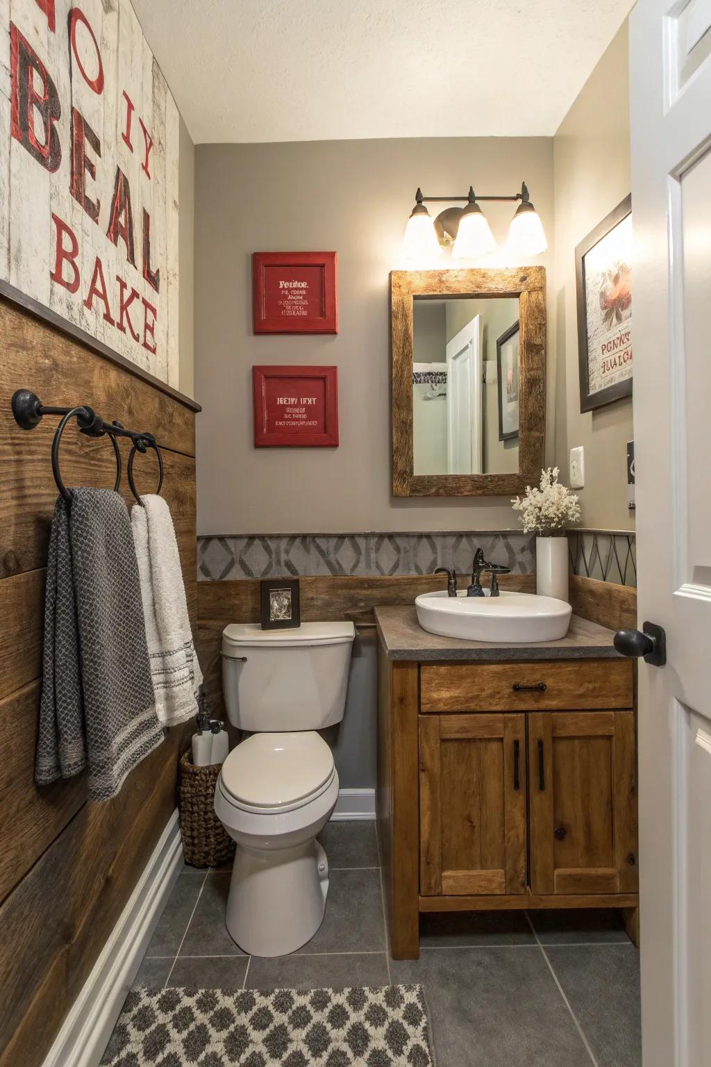 A statement wall adds a focal point to this farmhouse bathroom.