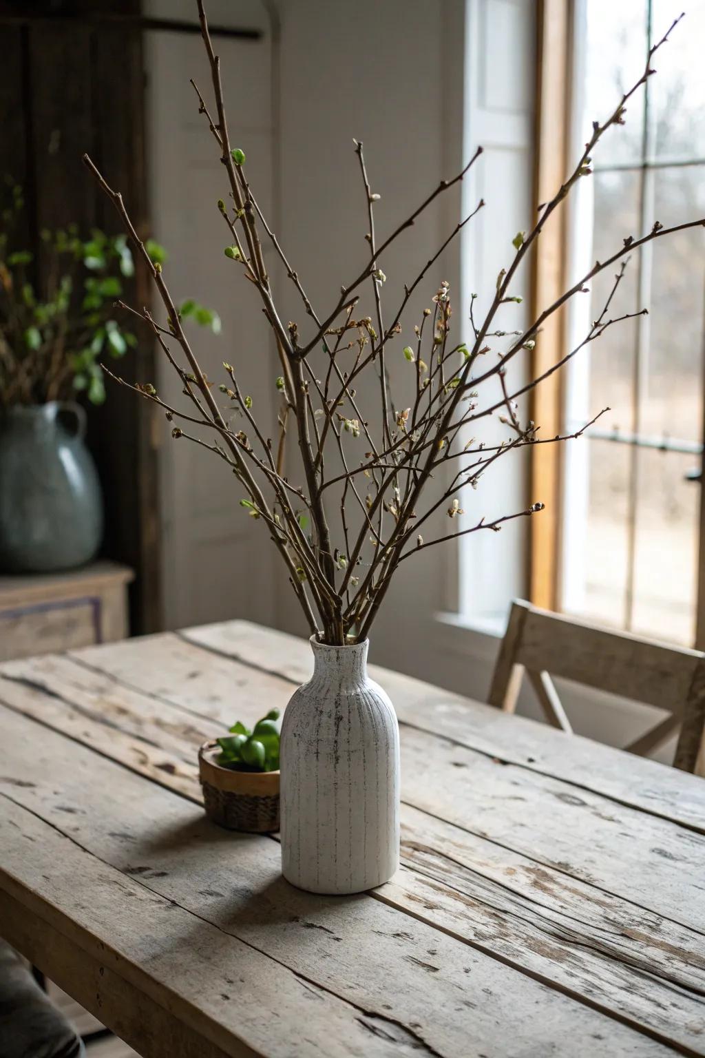 Natural tree limbs and stems offer an organic and minimalist centerpiece.