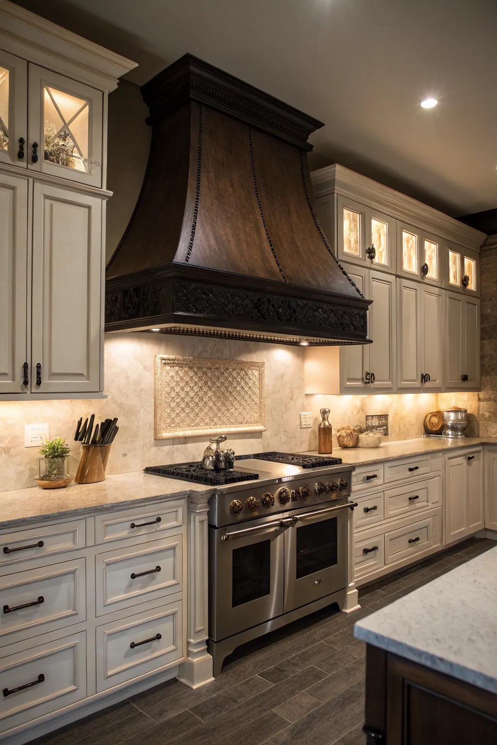 A dark wood ventilator creates striking contrast and drama.