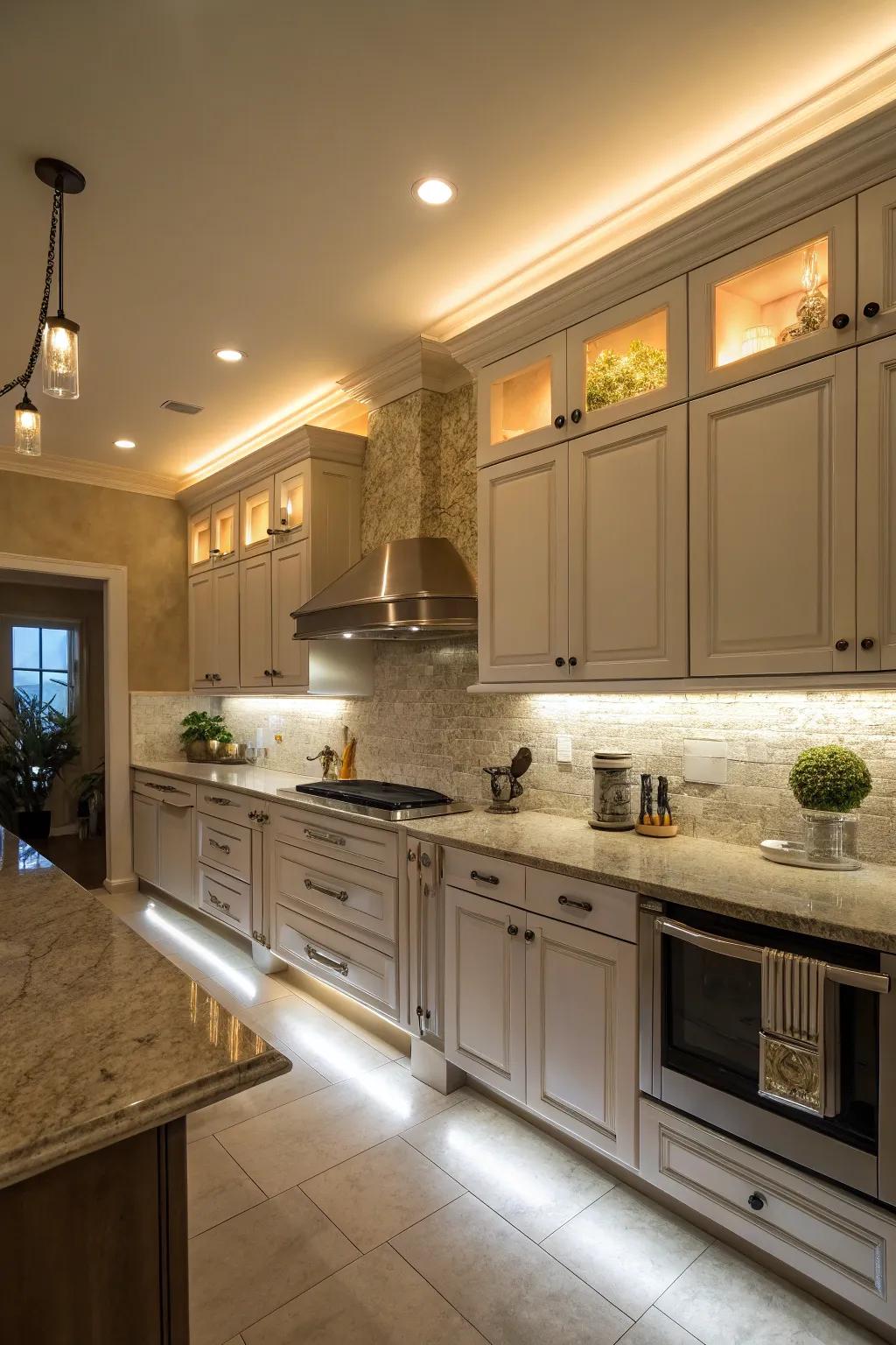 Warm glow with simulated trim and under-cabinet lights.