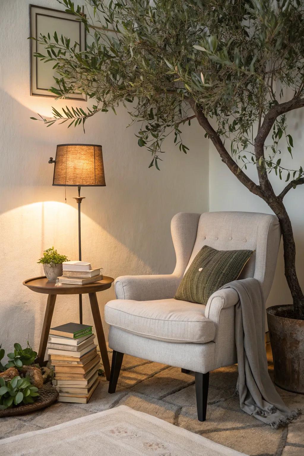 Enhance your reading space with a faux olive tree.