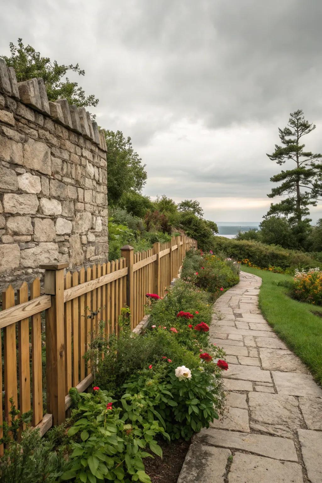 Blend sturdiness and style via stone and wood fences.