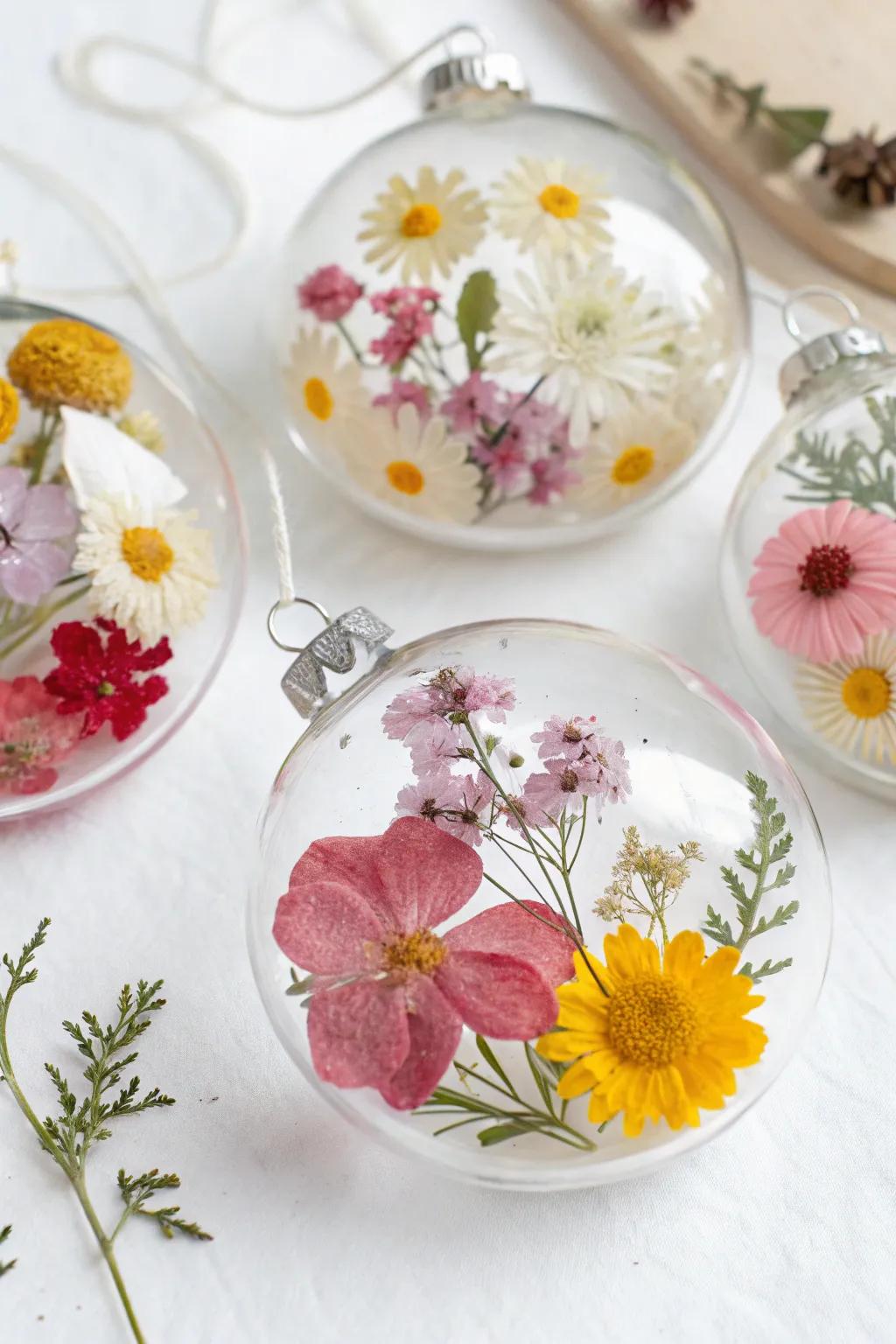 Botanical ornaments embellished with pressed and dehydrated flowers.