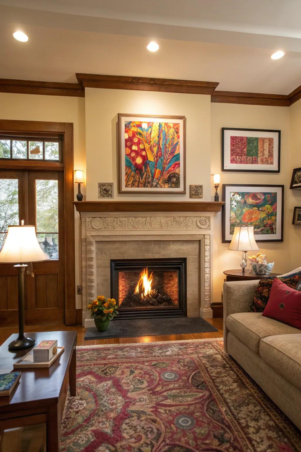 A living area with a fireplace recess displaying vibrant artwork to contribute a personal touch.