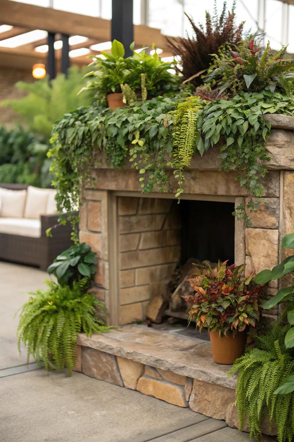 A flora utopia with lush foliage enveloping the fireplace.