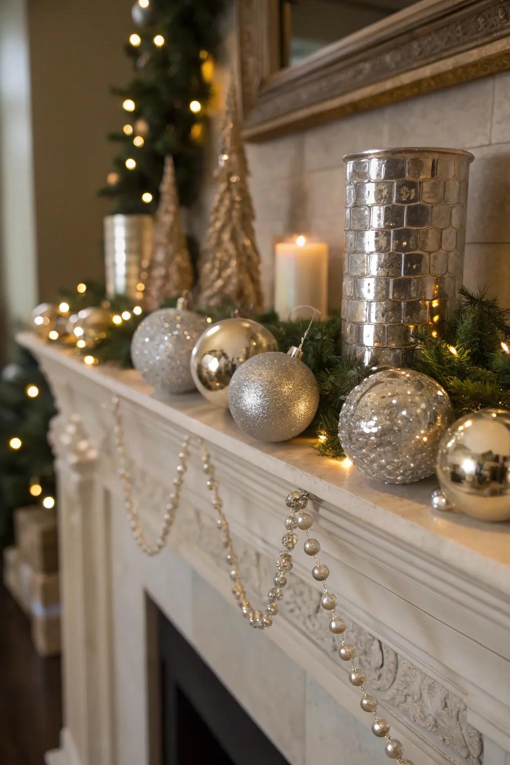 Metallic components infusing a glamorous accent into the mantel