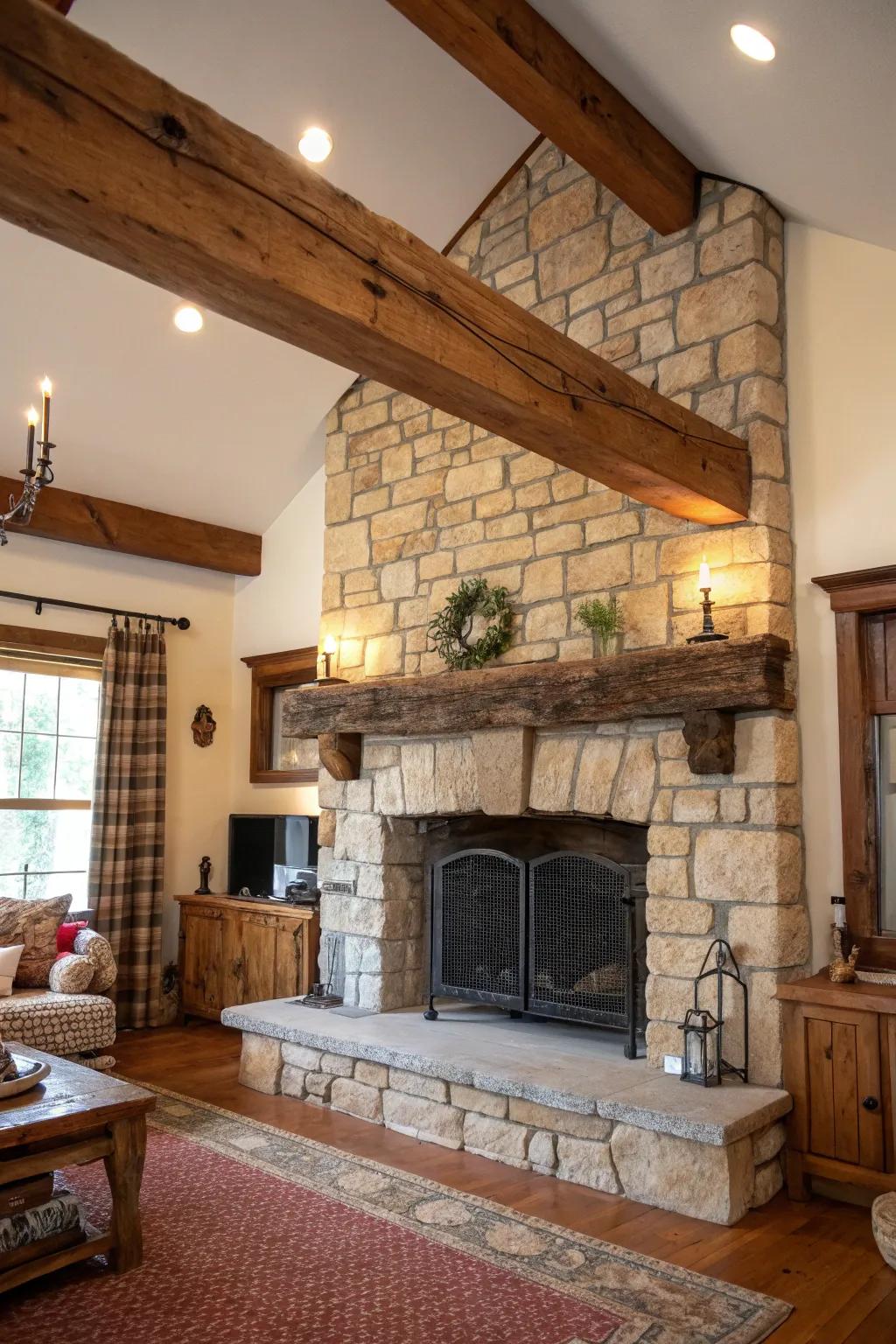 A country-style beam mantel introduces warmth and character.