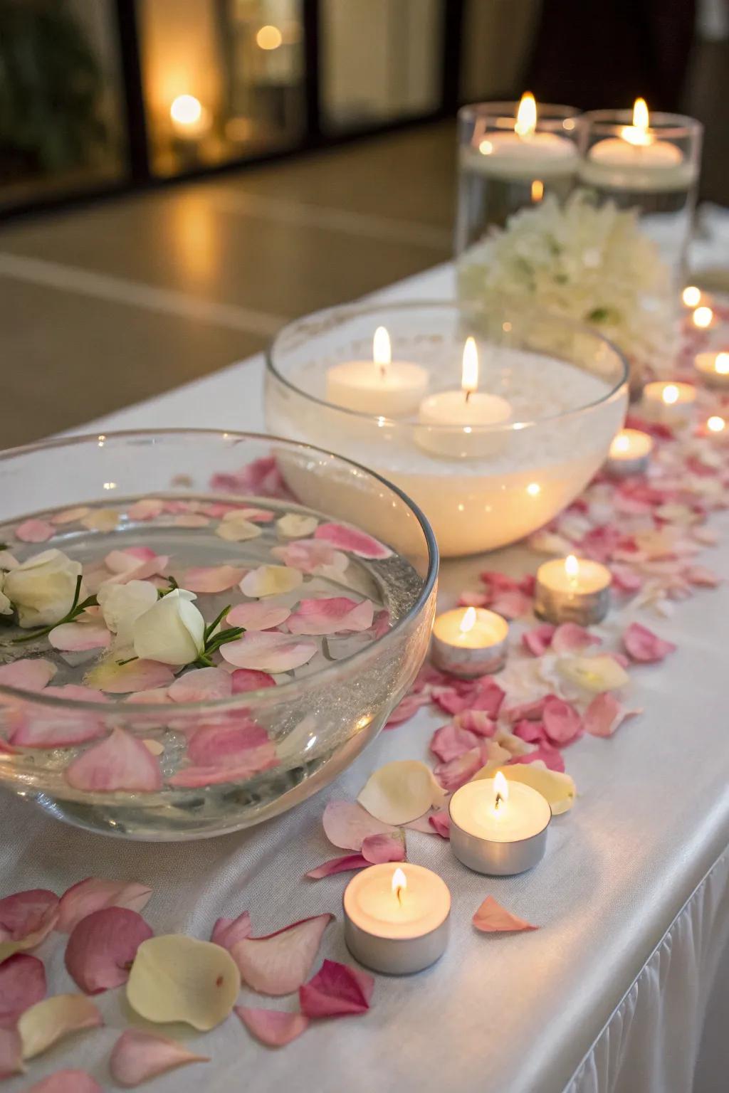 Unique centerpieces with floating candles create a serene and elegant atmosphere.
