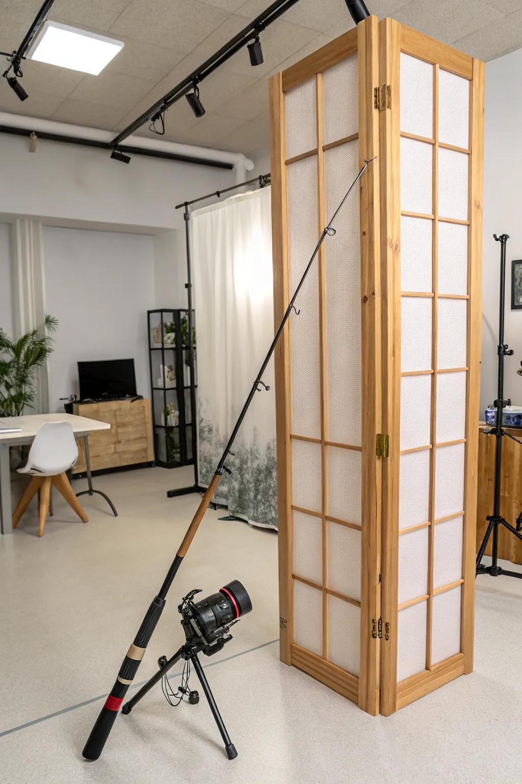 Angling poles form a chic and useful space divider.