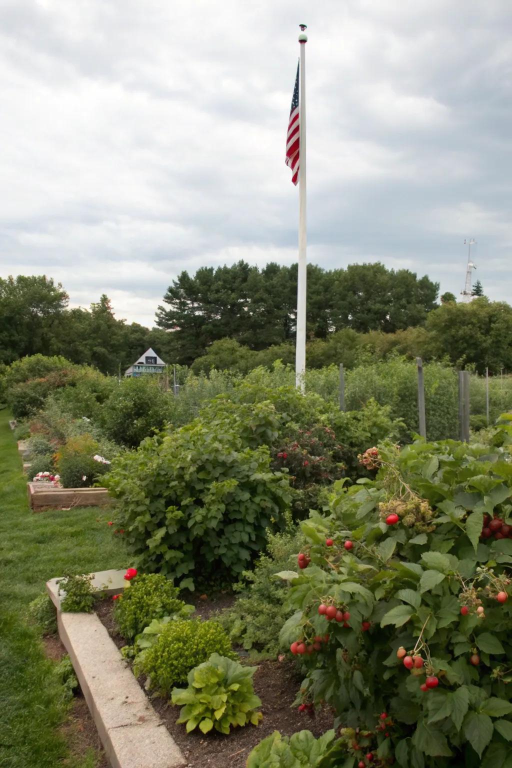 Eatable plants offer beauty and bounty around a flagpole.