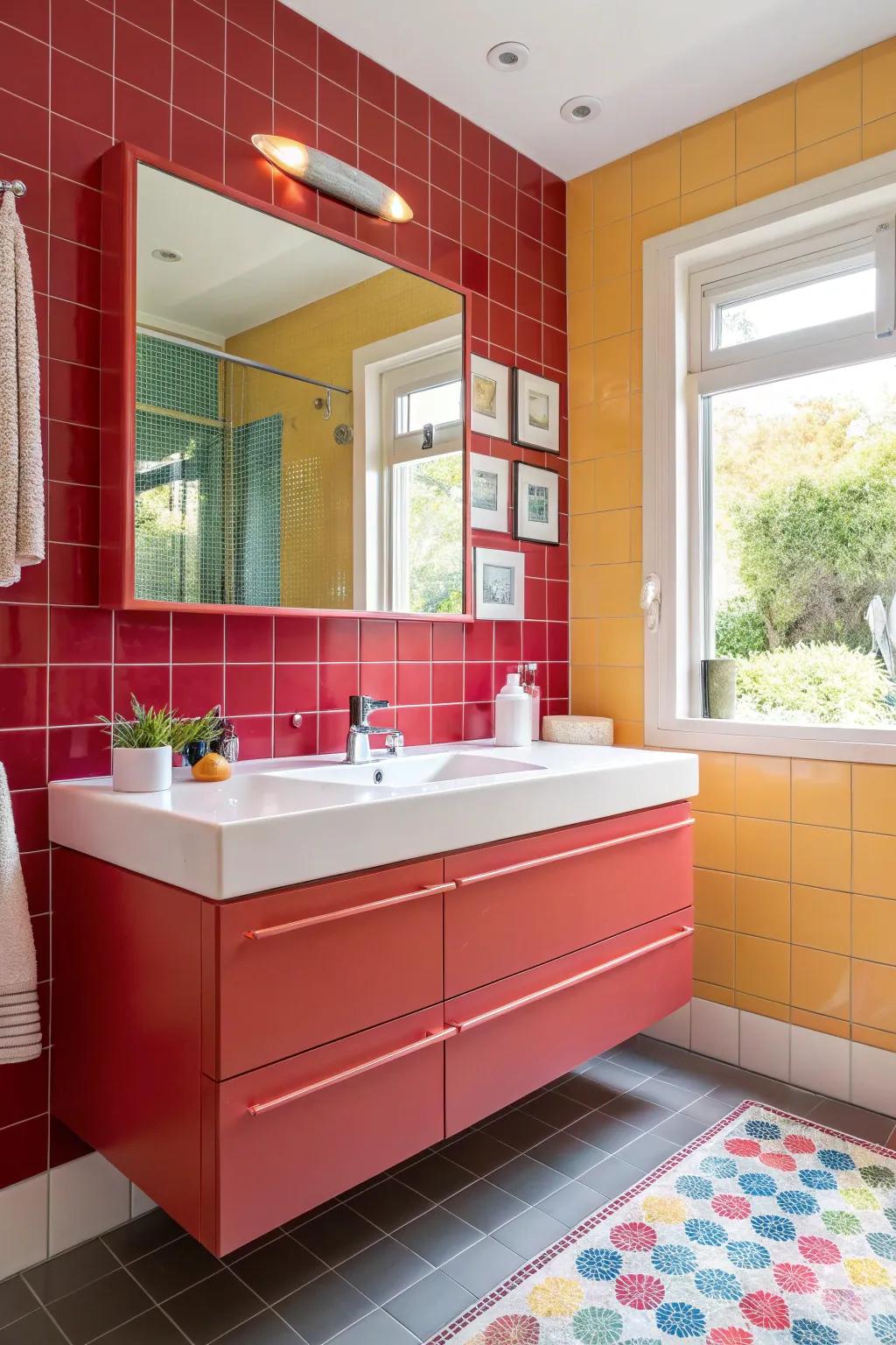 A bathroom with a floating vanity in a vivid color for a vibrant and lively style.