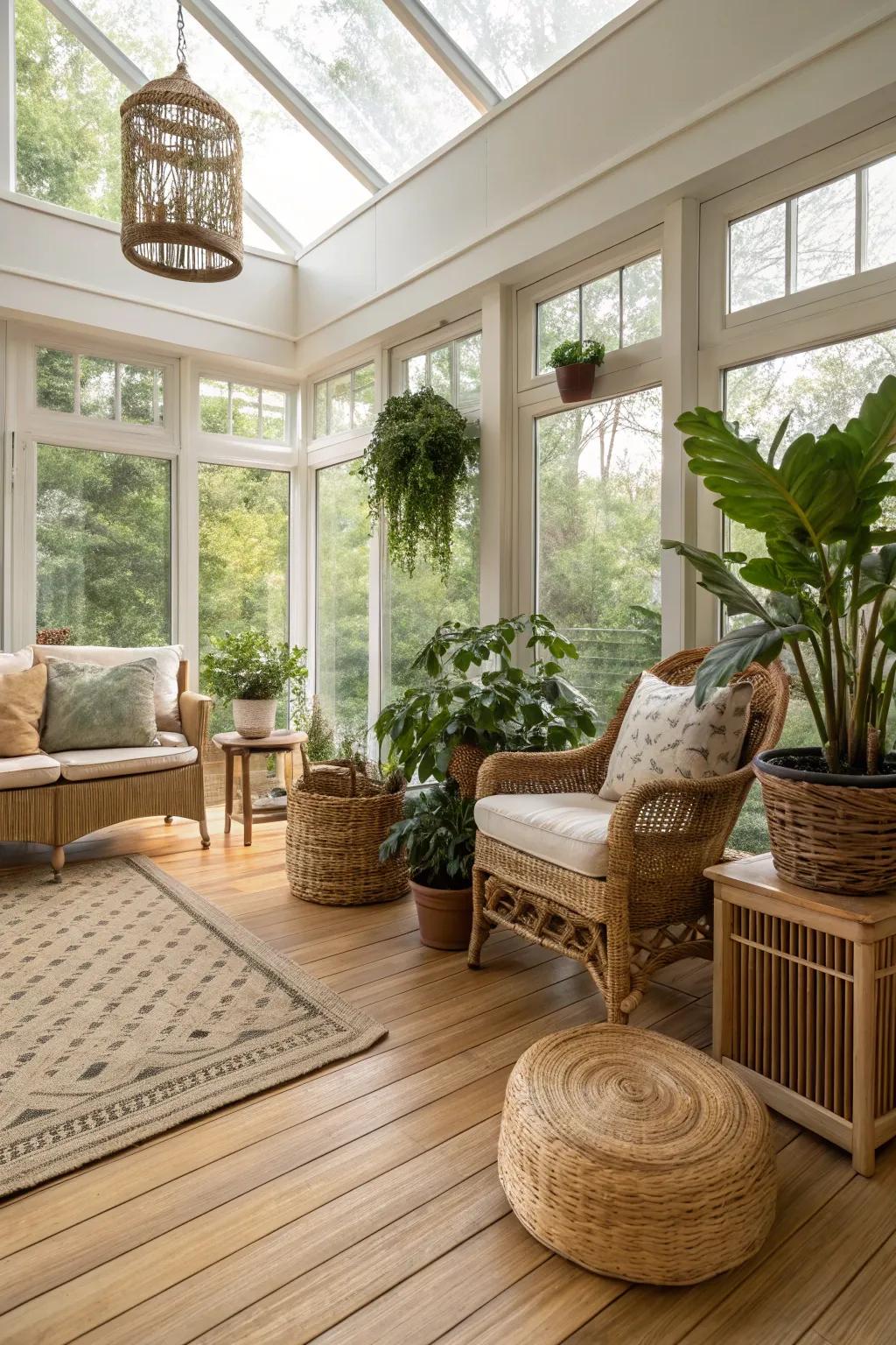 Harmonious sunroom featuring canelike flooring.