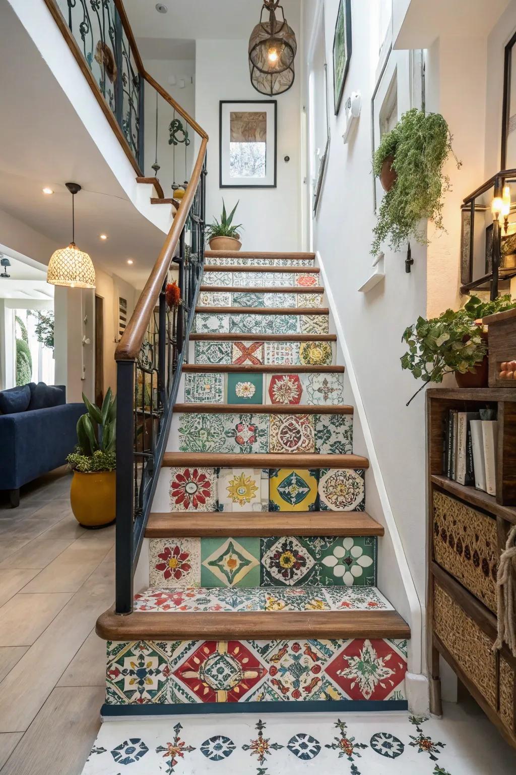 Plastic tiles offer a bold and vibrant option for stylish stairs.
