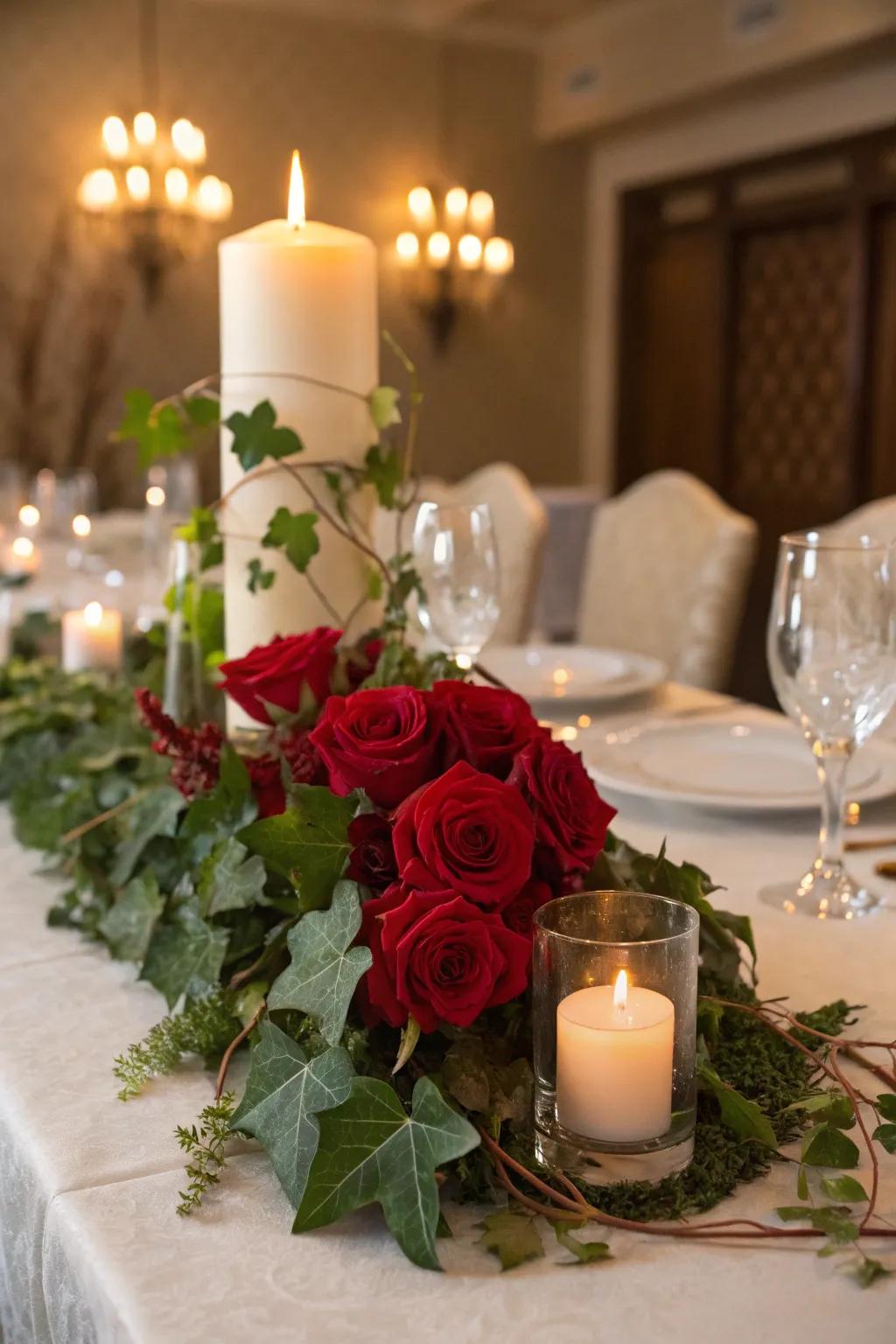 Romantic candlelit garden centerpiece, perfect for creating an intimate dining experience.