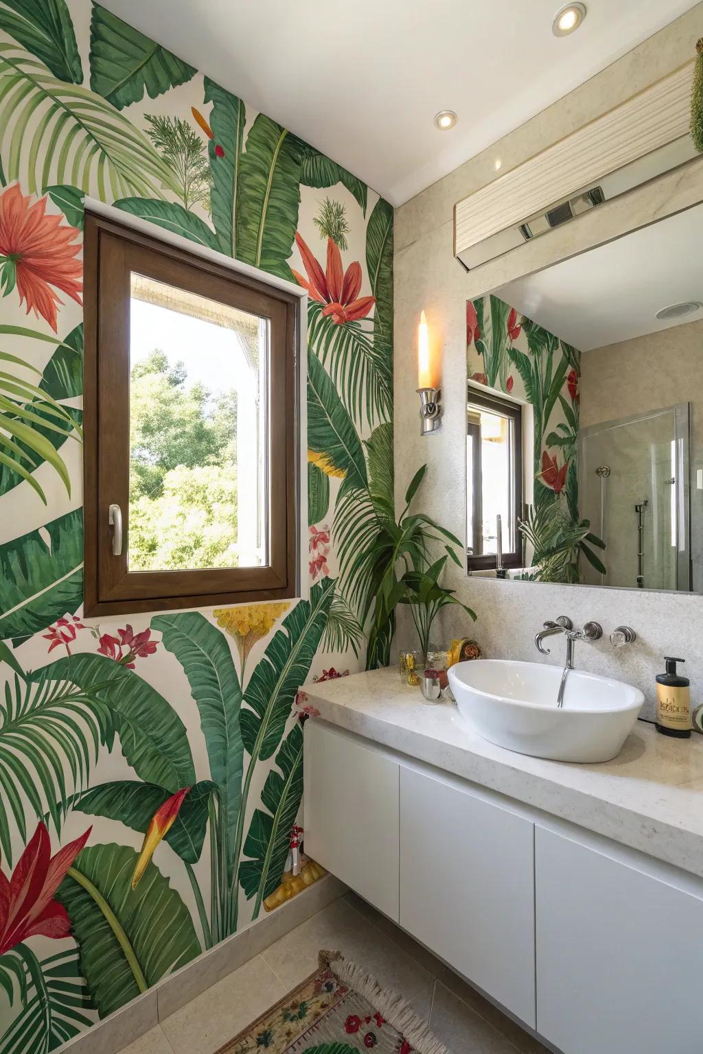 Exotic wallpaper transforms the space into a vibrant paradise.