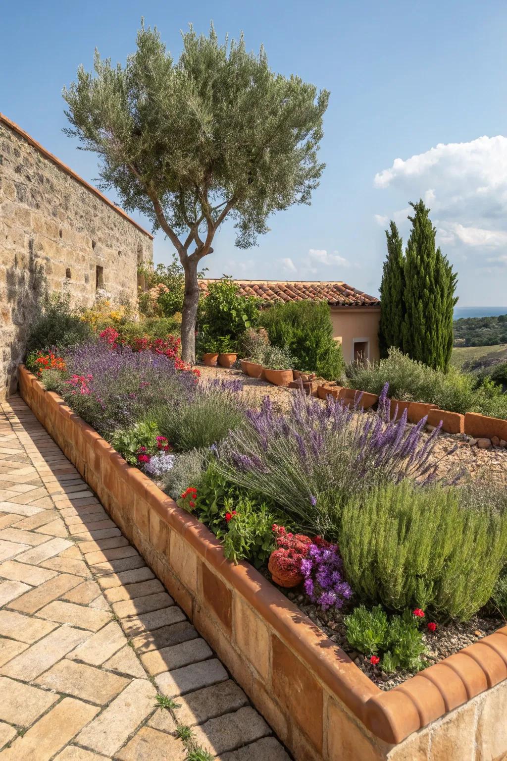 Terracotta tiles impart a warm, Mediterranean vibe to flower beds.