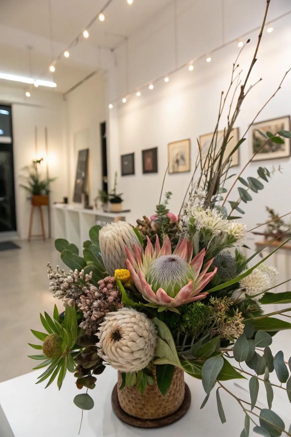 An artistic arrangement serving as a creative centerpiece in a modern studio.