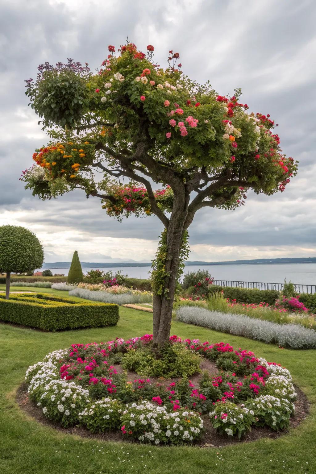 Asymmetrical planting adds an artistic touch to this tree's surroundings.