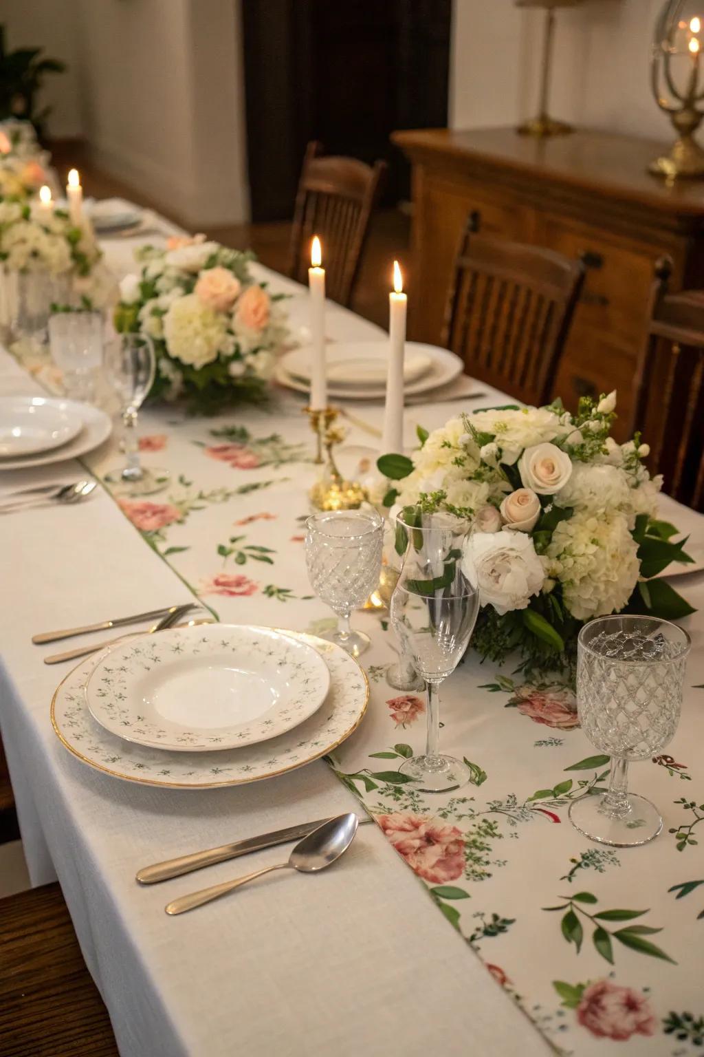 An ivory floral runner establishing an inviting dining platform setup.