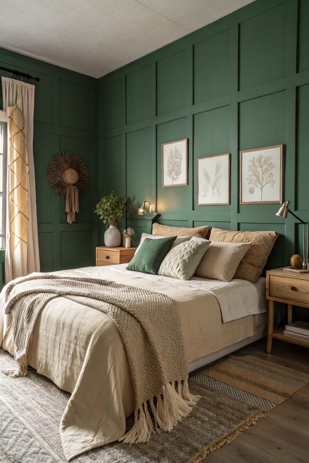 Woodland green and beige create a balanced and snug environment.
