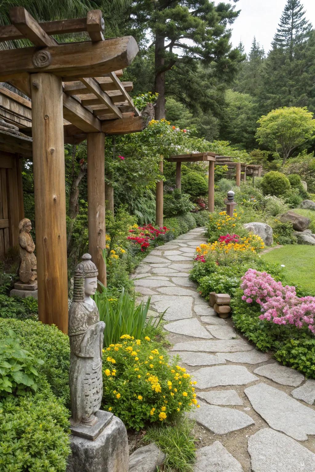 Inherent effigies impart artistic flair to the garden.