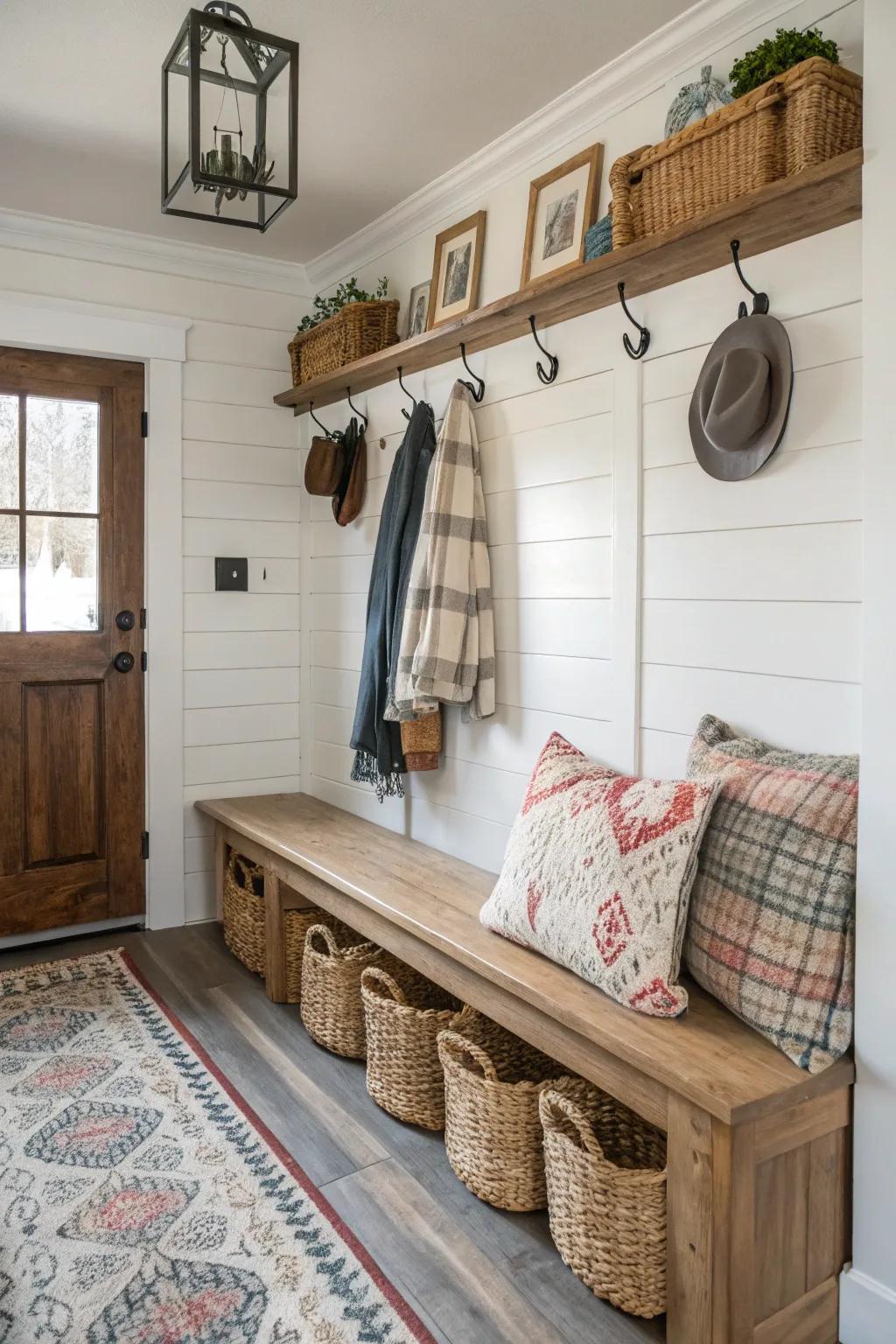 A temporary entryway utilizing clever furniture positioning.