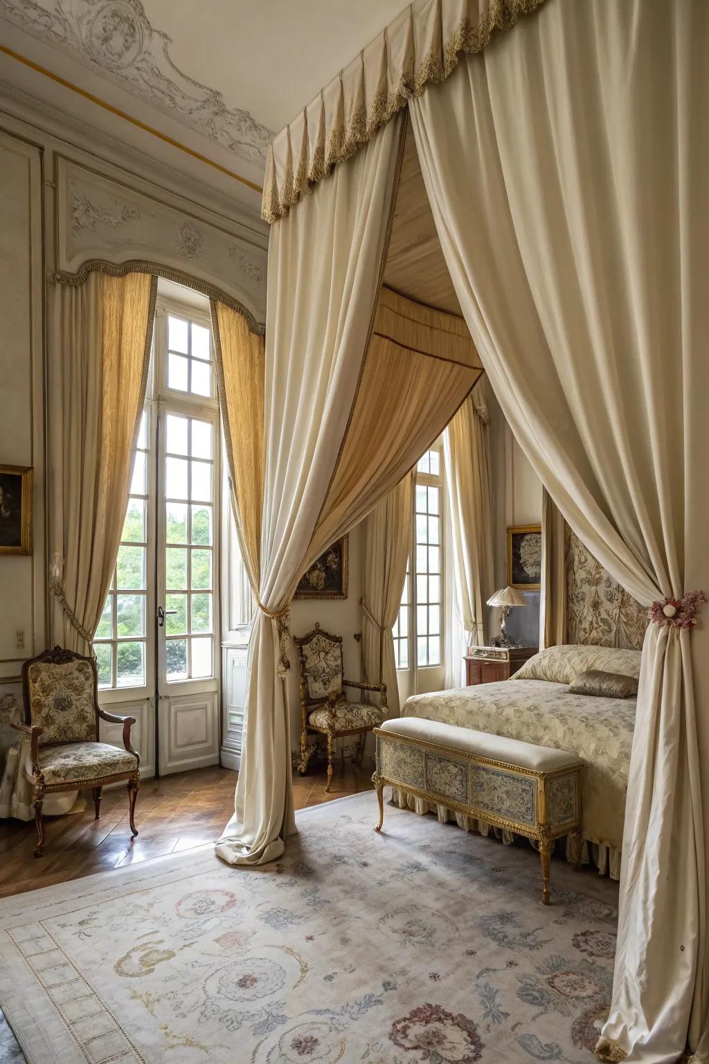 Elegant window dressing frames the windows, adding a deluxe touch.