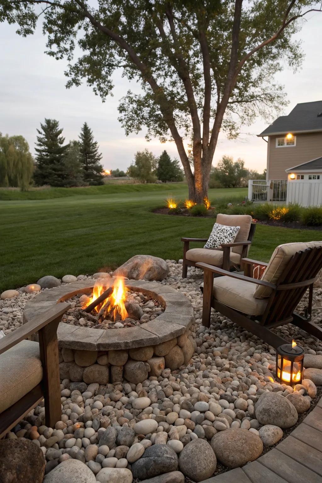 For a cozy fire pit, river stones create a natural setting.