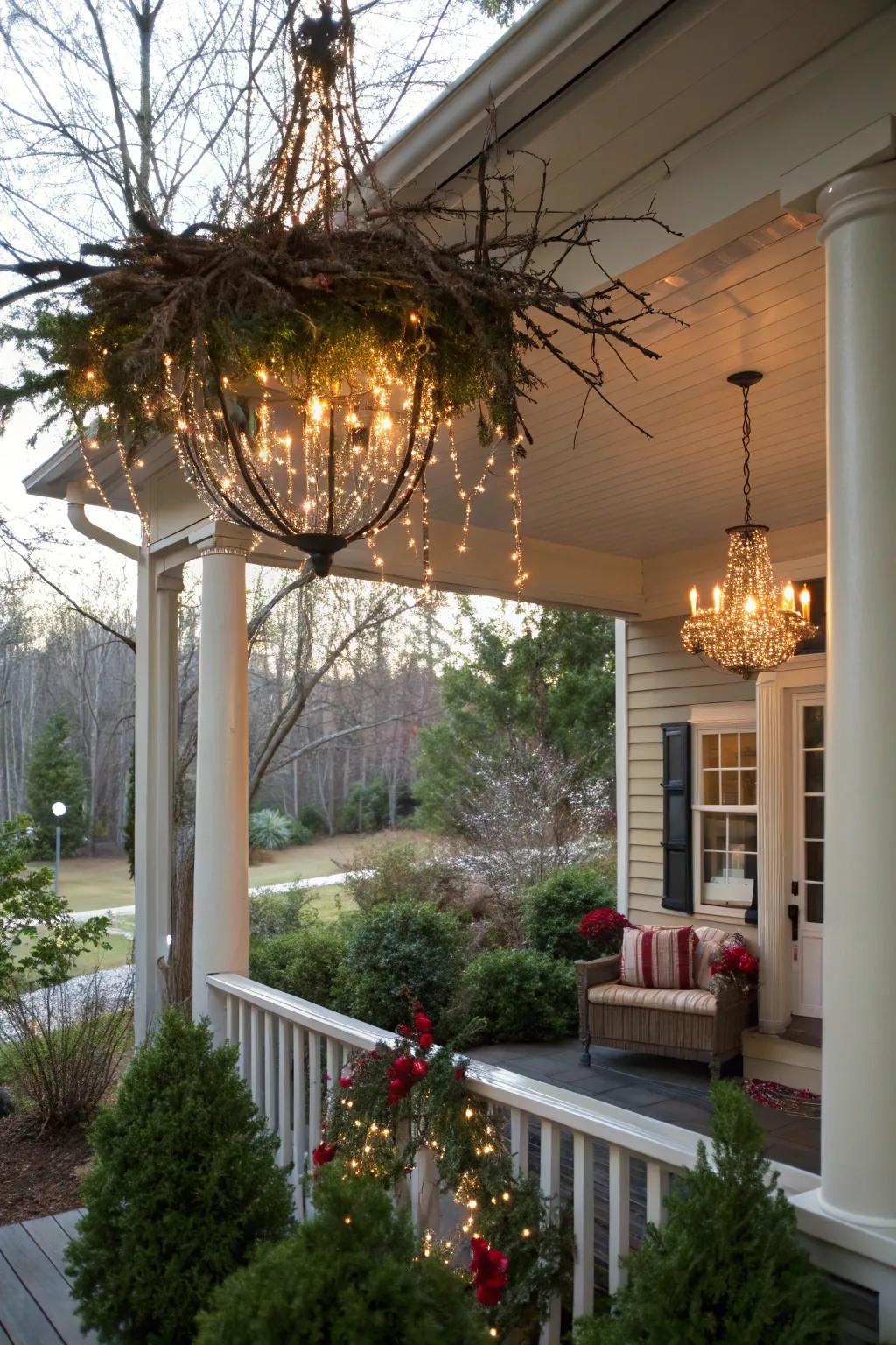 A holiday chandelier introduces an elegant touch to your porch.