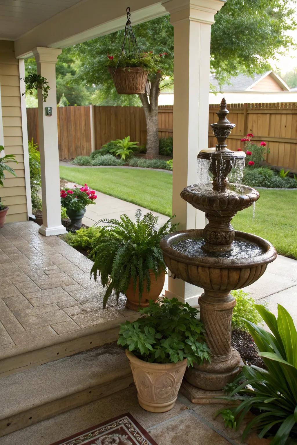 A water feature bestows tranquility and movement to your porch.