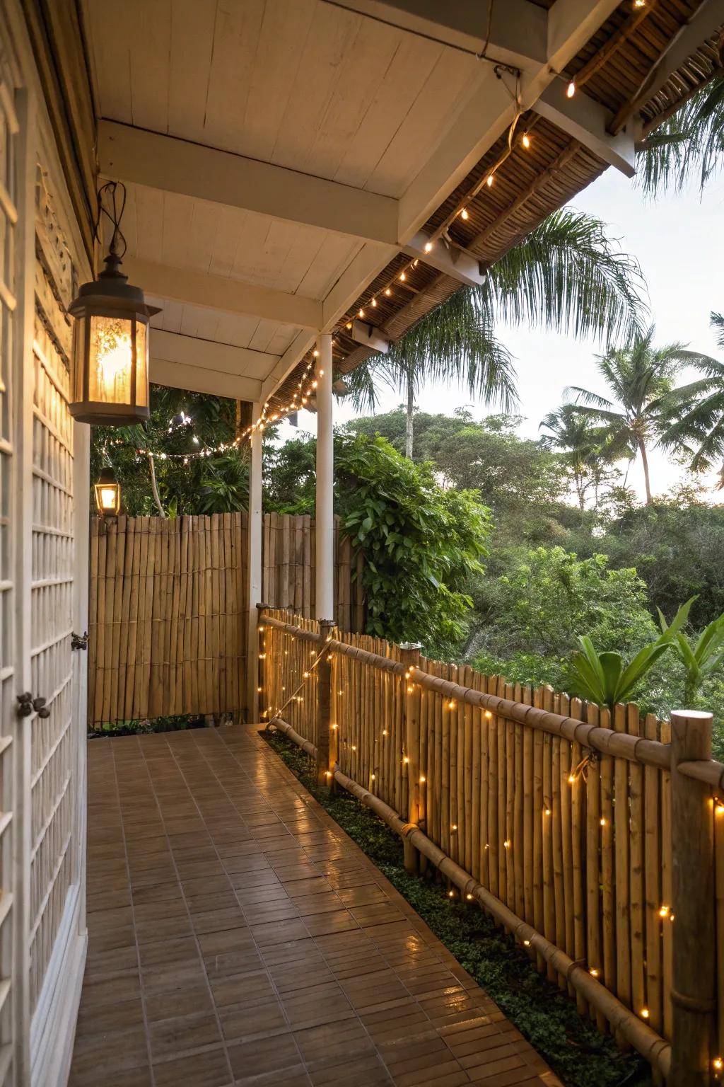 Bamboo fencing paired with twinkling lights grants privacy and a tropical aura.