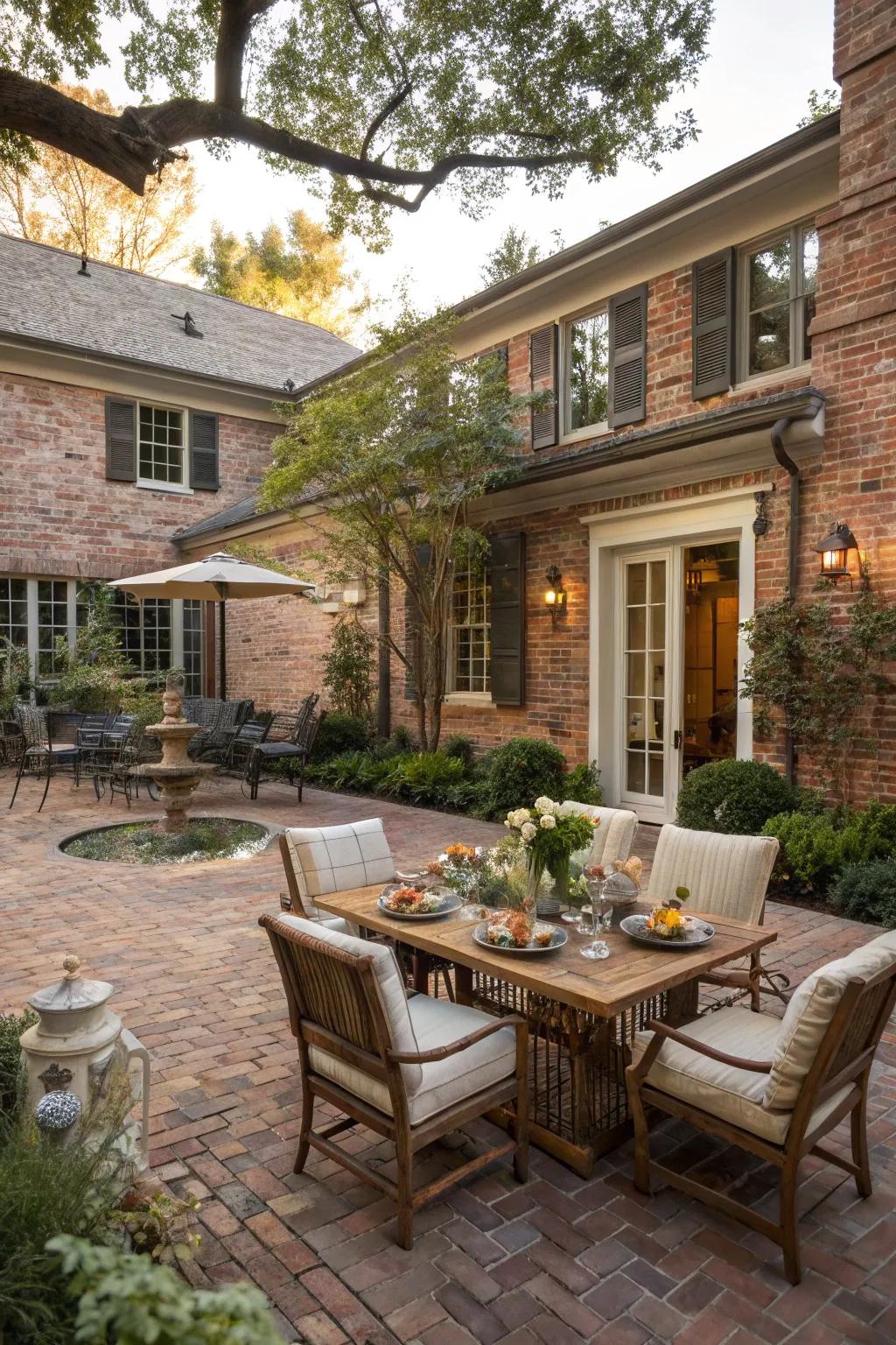 A brick terrace extends living spaces outdoors.