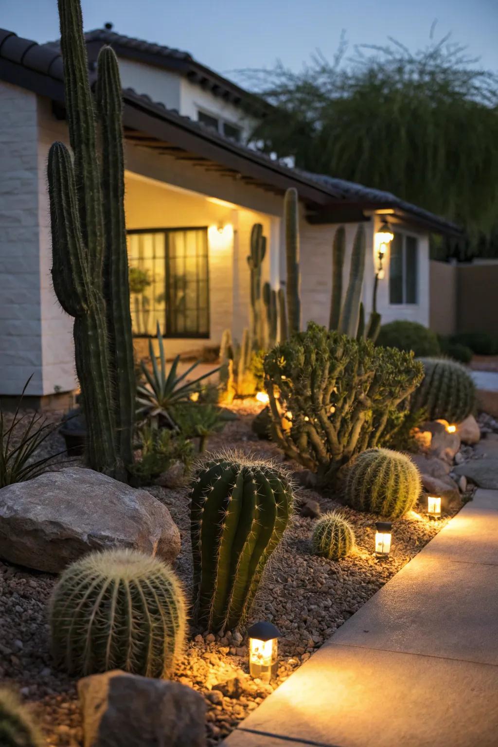 Alluring nighttime shine aided by landscape illumination.
