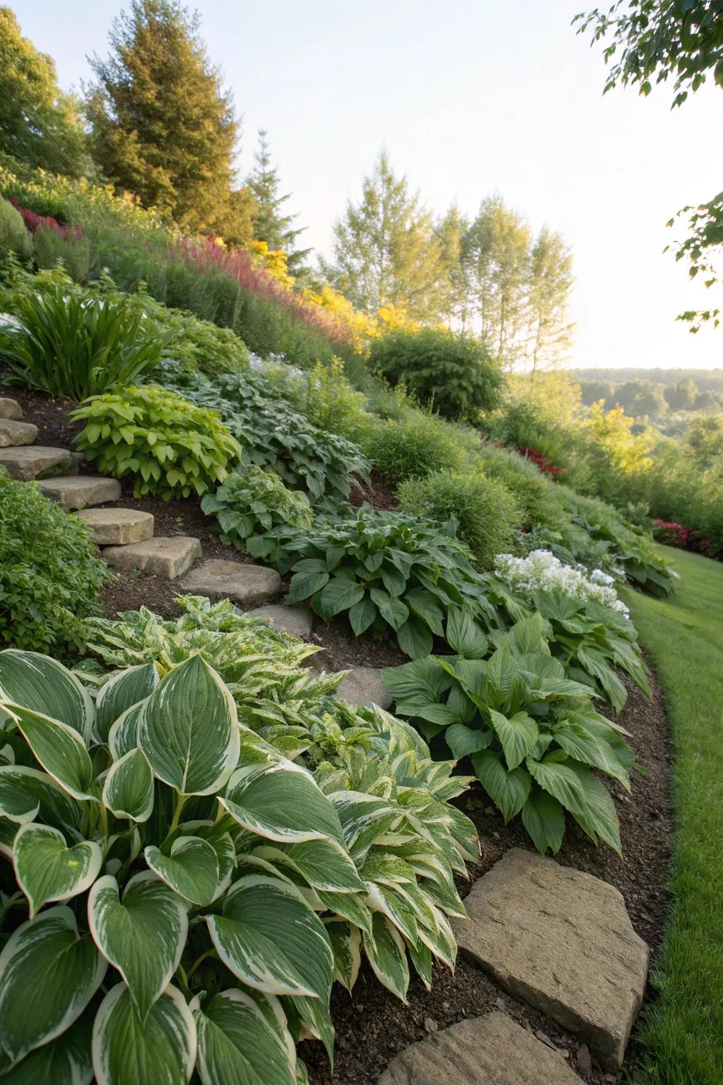 Hostas morph sloped zones into verdant landscapes.