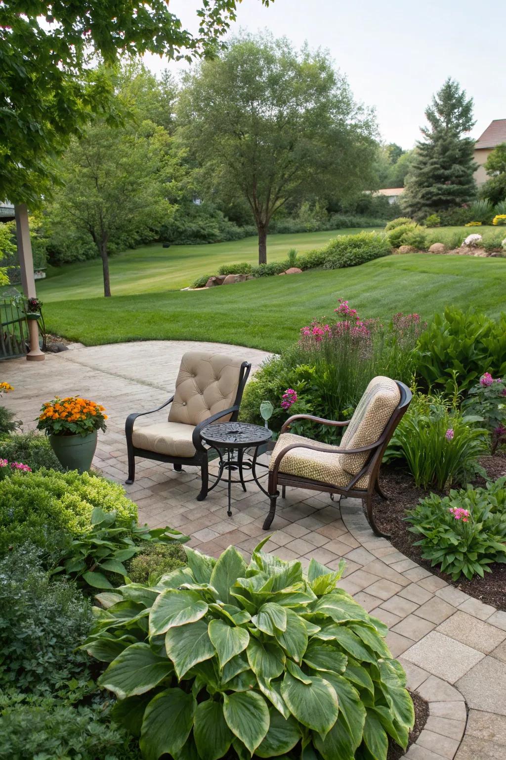 A cozy seating area invites relaxation amidst the garden.
