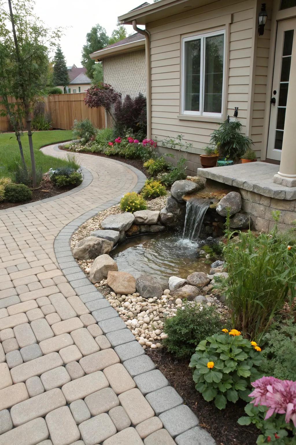 A water feature with pavers adds tranquility.