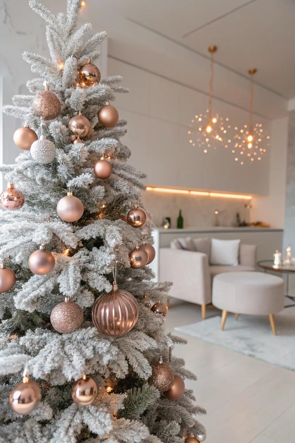 Rose-tinted gold decorations bring a trendy, modern touch.