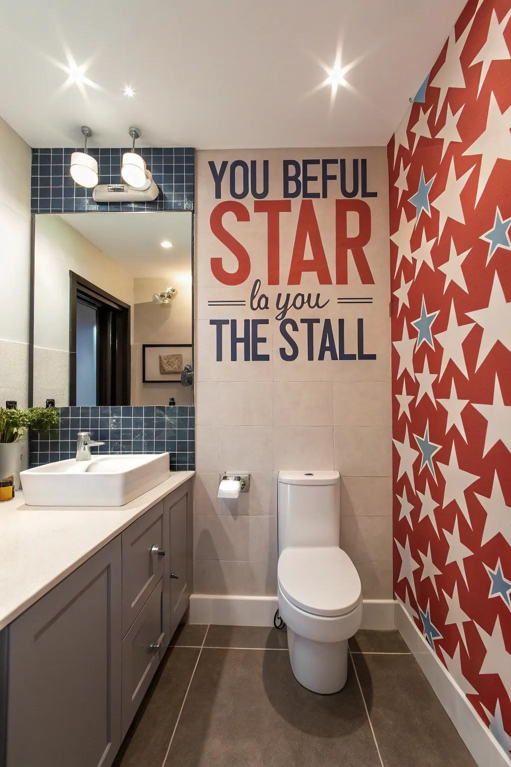 An eye-catching statement wall adds personality and visual interest to the bathroom.