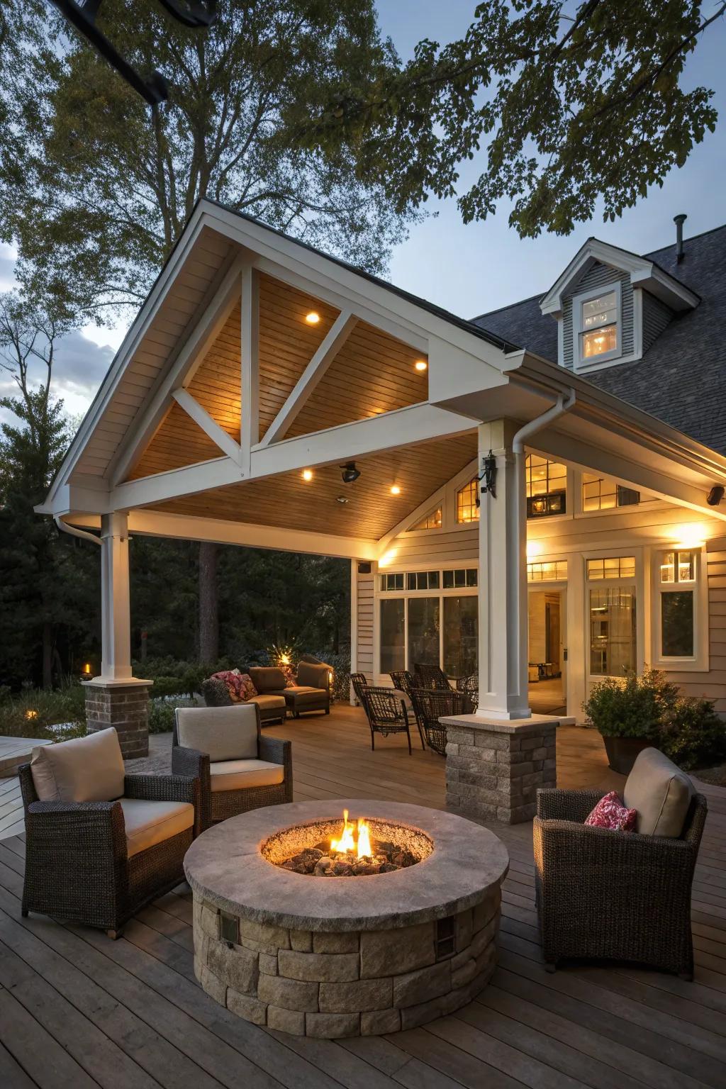 A fire pit transforms the porch into a warm gathering place.