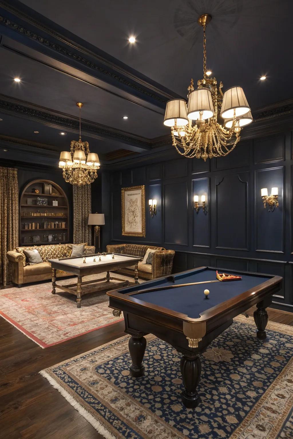 Dark, rich colors create a cozy and fancy game room vibe.