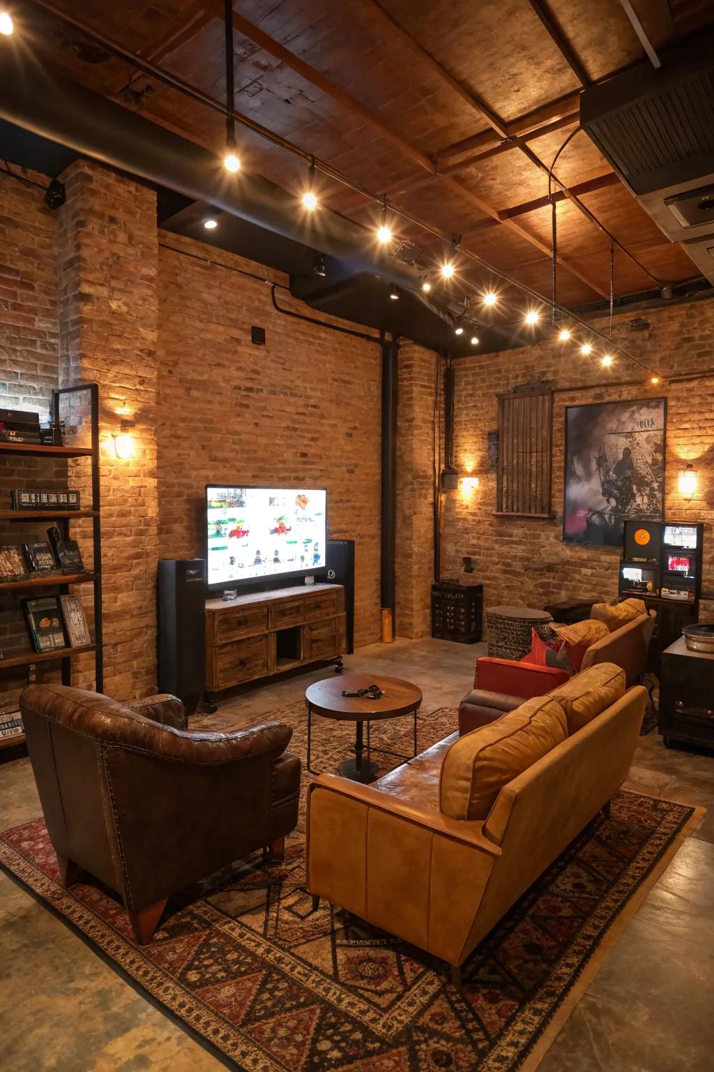 Exposed brick walls add rustic charm to your gaming room.