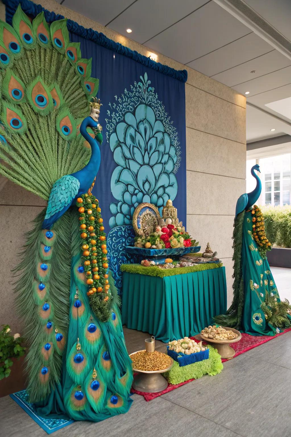 A bird-themed decor with blue and green hues, creating a unified and stunning setup.
