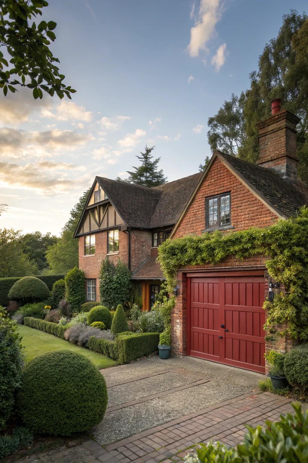 Traditional brick hue garage doors introduce warmth and timeless charm.