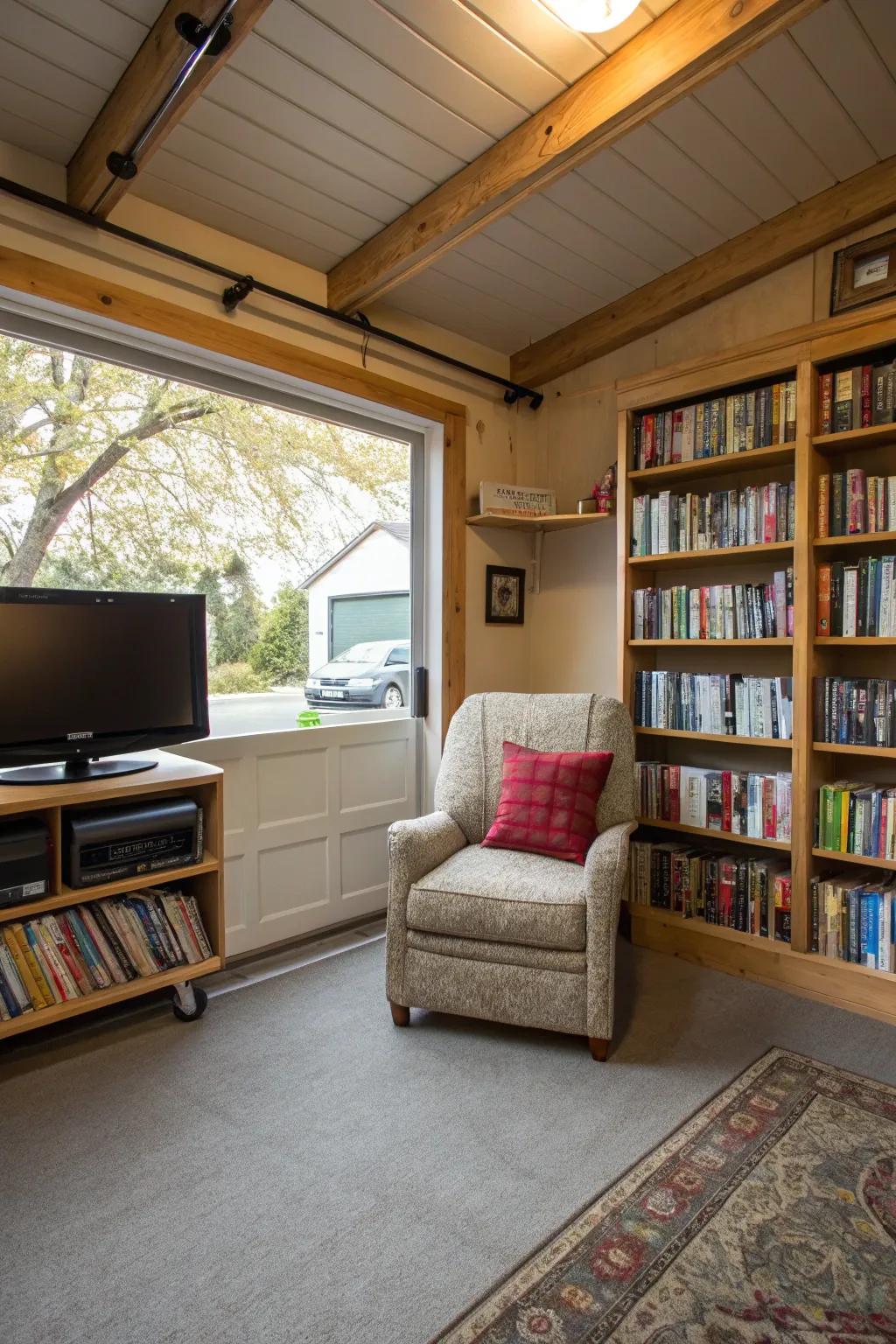 Relax in a reading nook with a TV for storytelling in your garage.