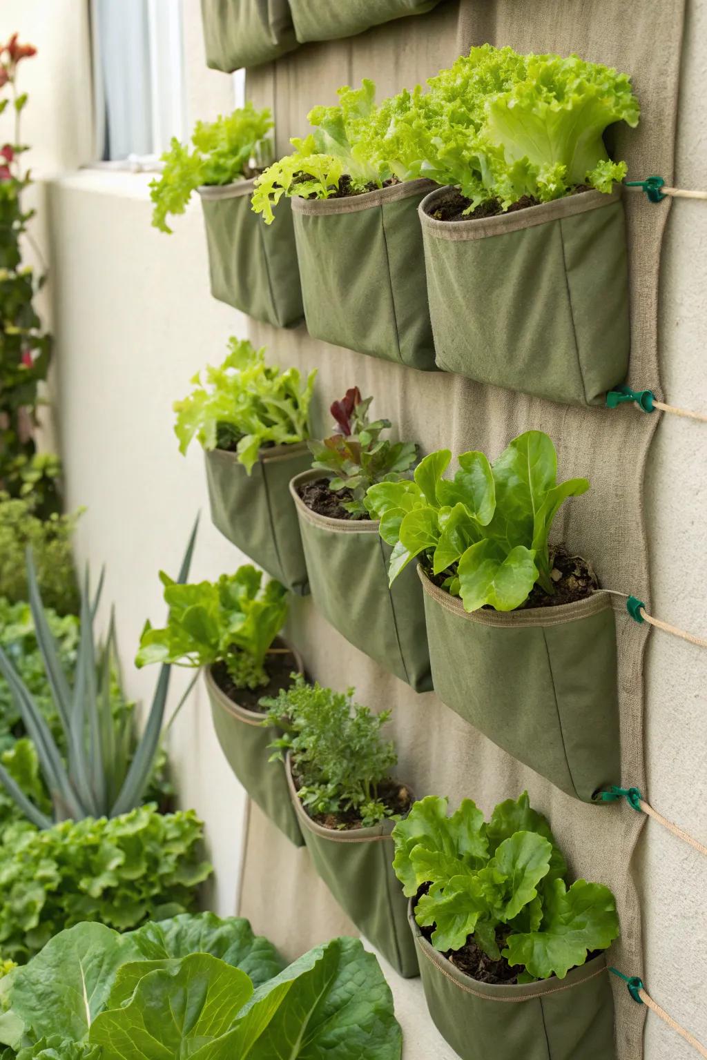 A pocket garden showcasing fresh lettuce in fabric pockets.