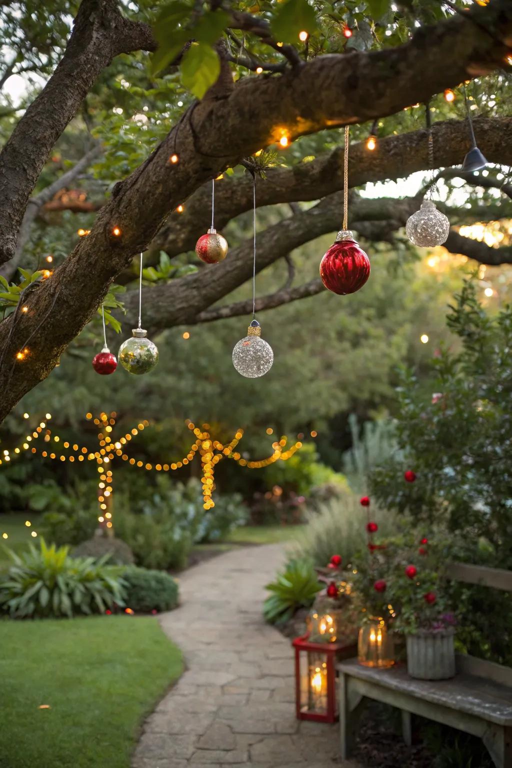 A garden tree is decorated with seasonal ornaments.