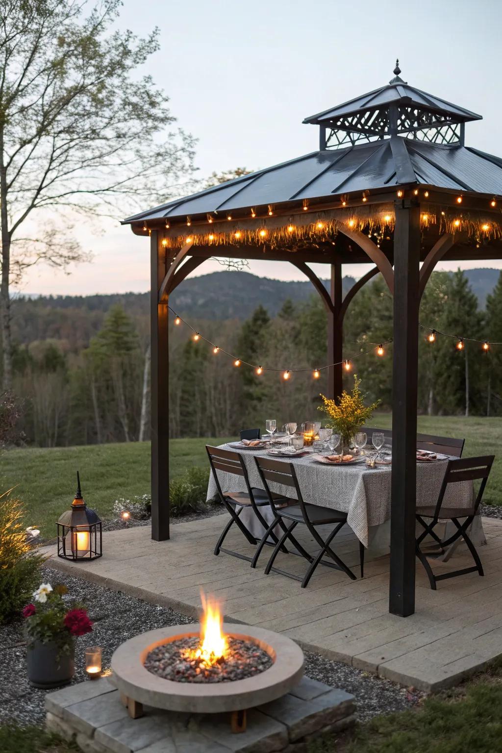 Relish dining al fresco using a charming garden pavilion configuration.