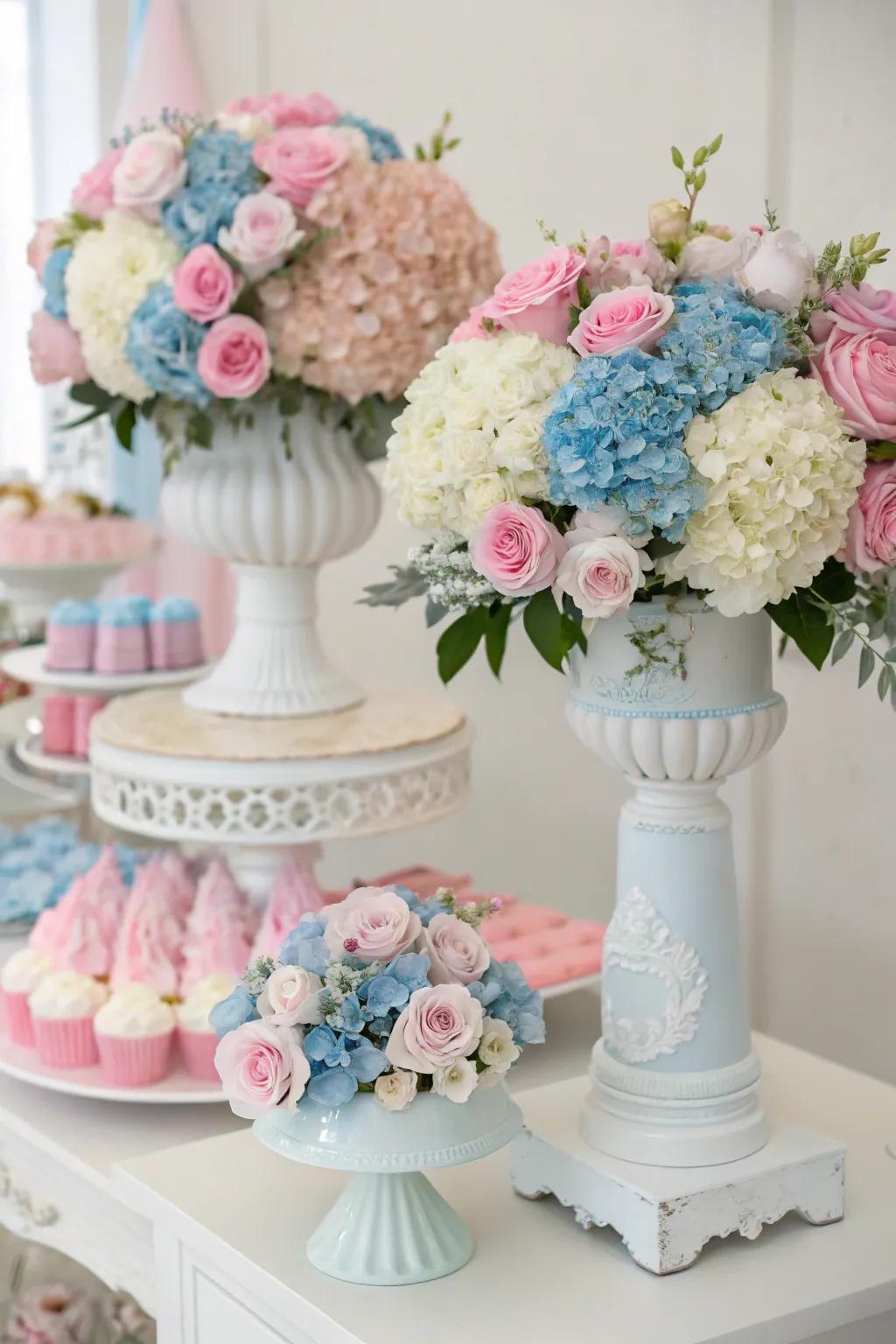 Elegant blossom arrangements enhance the party's beauty.