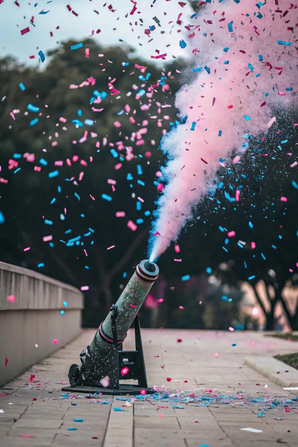 A shimmering piece launcher creates a joyous and colorful explosion for the big reveal.