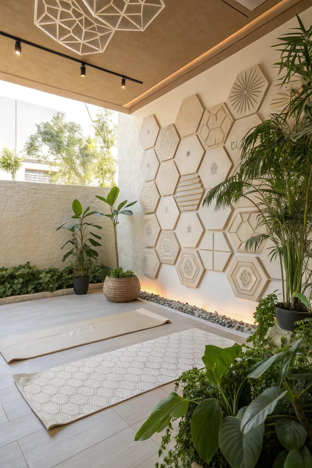 A meditation space featuring subtle geometric hexagon wall patterns.